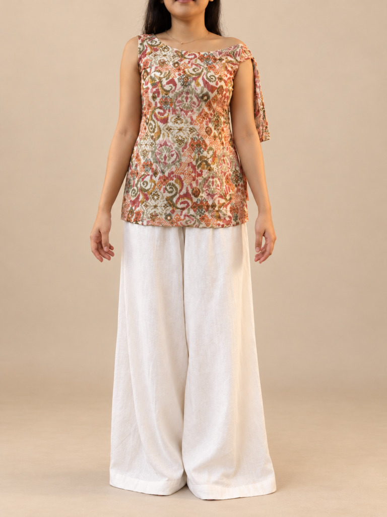 Mehr Tie Shoulder Short Kurti, front view on a beige studio background