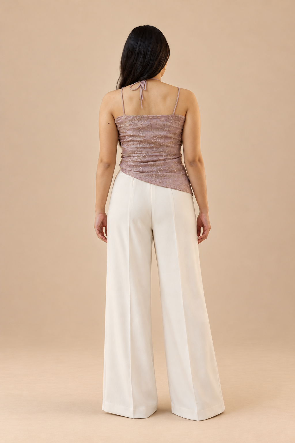 Sitara Mauve Embellished Top, back view on a beige studio background
