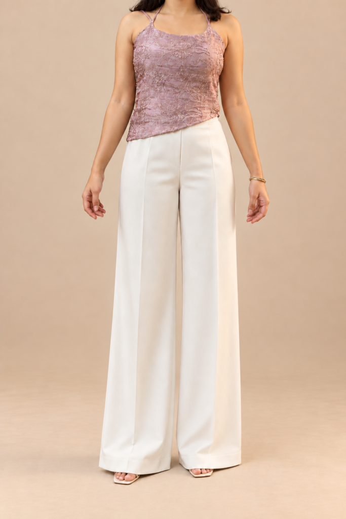 Sitara Mauve Embellished Top, neck-down front view on a beige studio background
