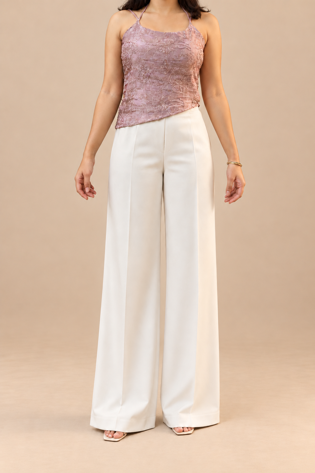 Sitara Mauve Embellished Top, neck-down front view on a beige studio background